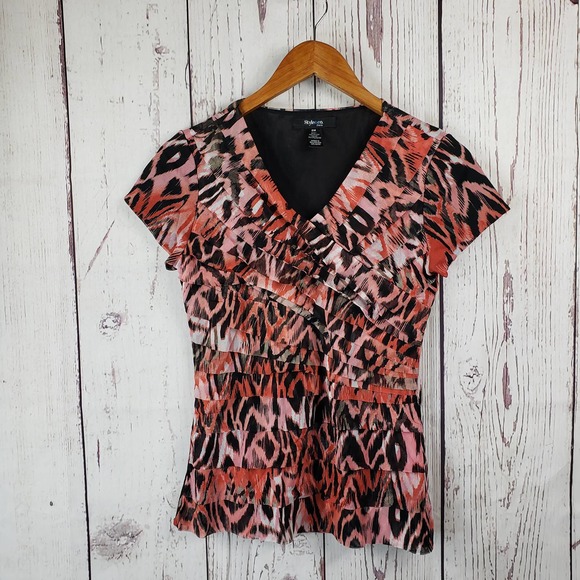 Style & Co. Blouse Womens Size Medium Petite V Neck Layered Animal Print Red - Picture 1 of 6